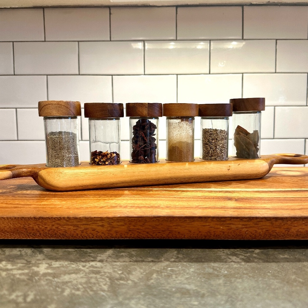 Decorative Wood 6 Hole Spice Jar Holder